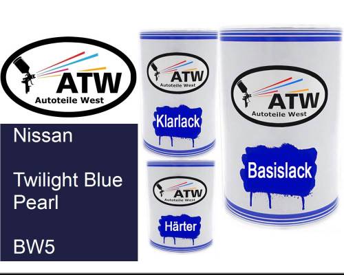 Nissan, Twilight Blue Pearl, BW5: 500ml Lackdose + 500ml Klarlack + 250ml Härter - Set, von ATW Autoteile West.